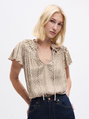 GAP Short Sleeve Ruffle V Neck Tan Dot Print